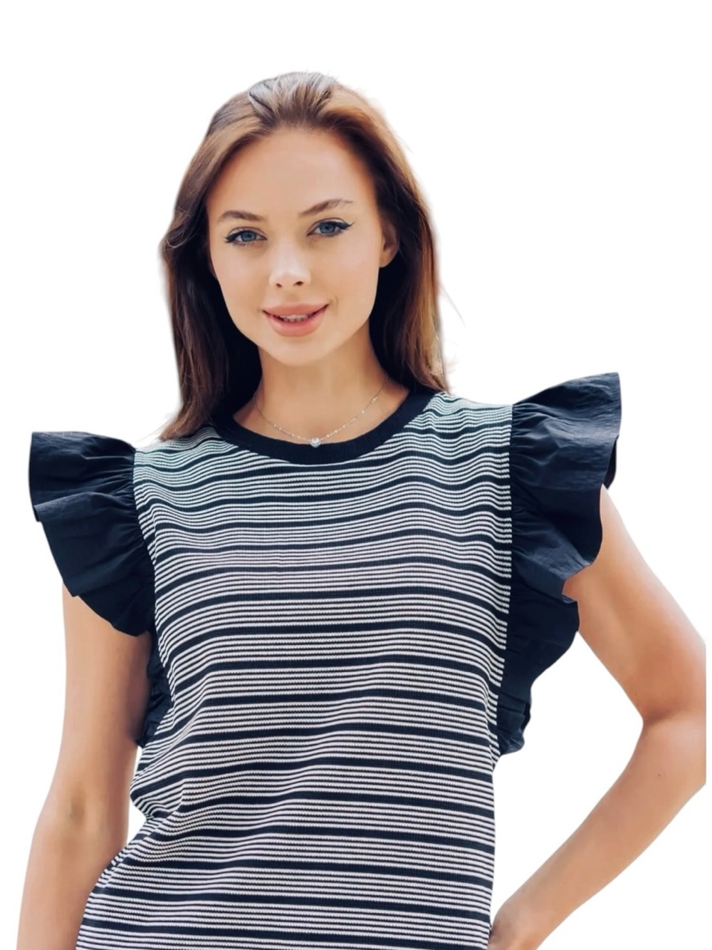 Strut & Bolt Striped Ruffle Sleeve Top Mixed Media Boho Knit Blouse S Boho Chic